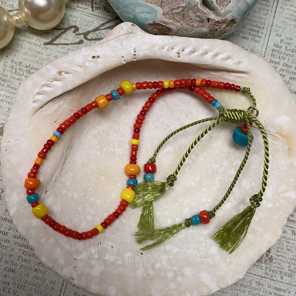 NWOT Green silk bracelet red yellow dainty tiny